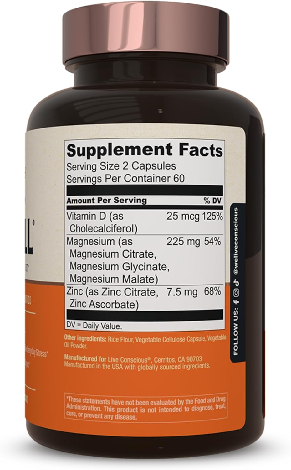 Live Conscious Magwell Magnesium Zinc & Vitamin D3 - Magnesium Glycinate, Malate, & Citrate - Triple Supplement for Women & Men - for Sleep, Bone, Heart, Immune Support - 120 Caps