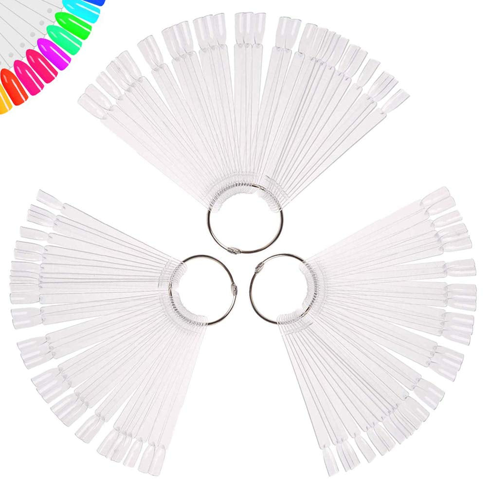 150 Pcs Clear Nail Swatch Sticks with Ring, Fan Shape Nail Art Tips, False Nail Sample Sticks, Nail Practice Color Display, Transparent Board for Nail