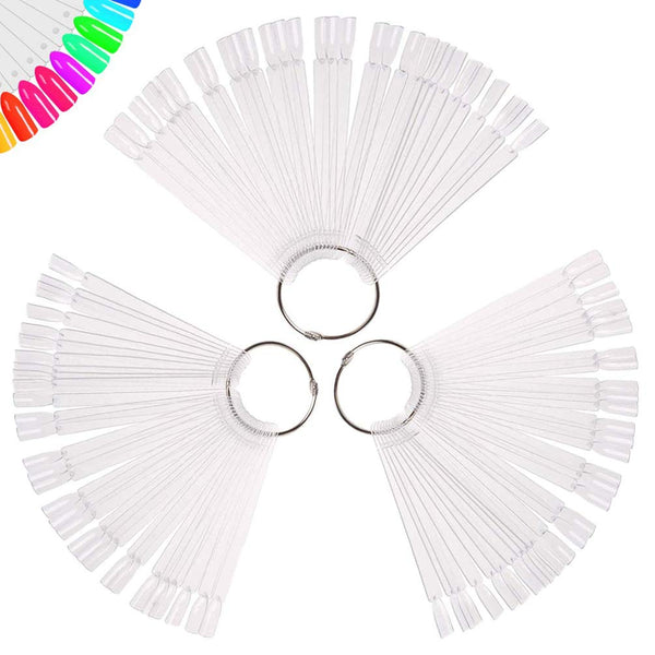 150 Pcs Clear Nail Swatch Sticks with Ring, Fan Shape Nail Art Tips, False Nail Sample Sticks, Nail Practice Color Display, Transparent Board for Nail