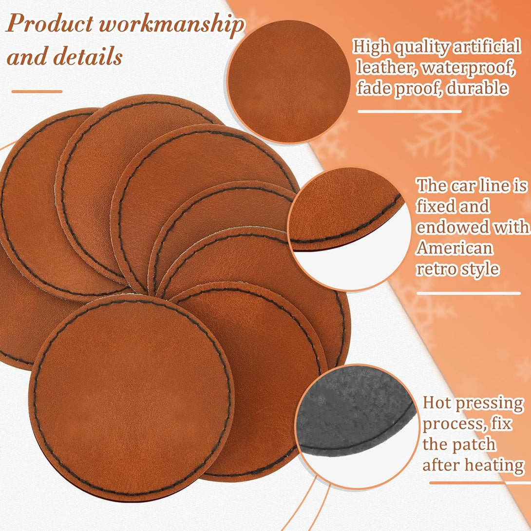 Dunzy 30 Pcs Blank Leather Hat Patches with Adhesive round Laserable Leatherette Patch Faux Leather Patches Glowforge Laser Supplies for Hats, Jackets, Backpacks (Brown)