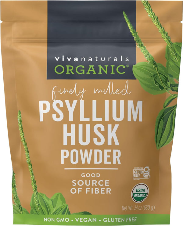 Viva Naturals Organic Psyllium Husk Powder, 24 Oz - Finely Ground, Unflavored Plant Based Superfood - Good Source of Fiber for Gluten-Free Baking, Juices & Smoothies - Certified Vegan, Keto and Paleo