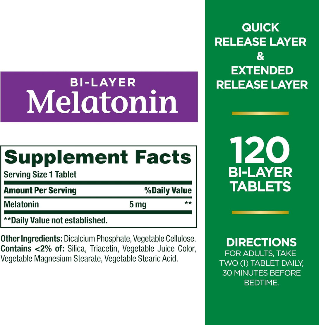 Nature'S Bounty Melatonin 5Mg, 100% Drug Free Sleep Supplements, Quick Release and Extended Release, Promotes Relaxation and Sleep Health, 90 Bi-Layer Tablets