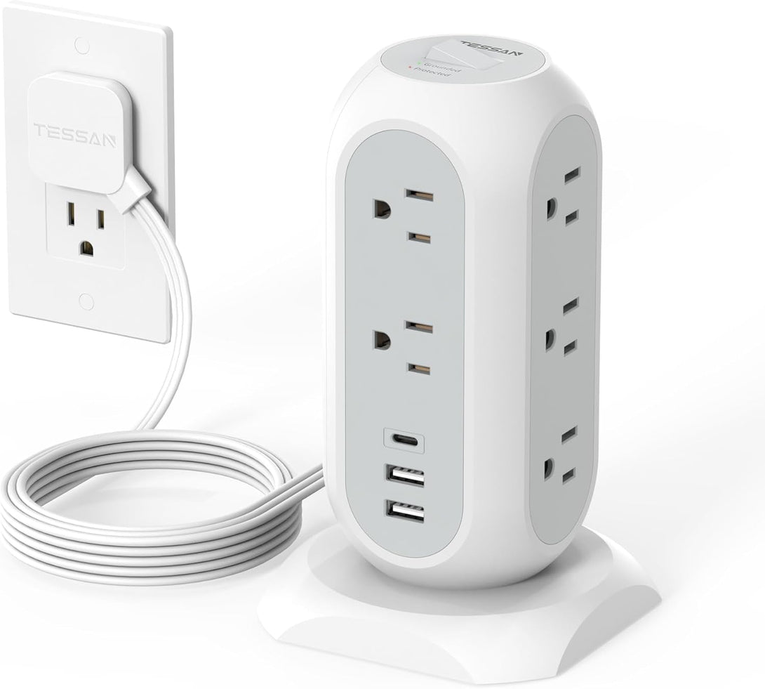 Tower Power Strip Flat Plug with 11 Outlets 3 USB (1 USB C), TESSAN Surge Protector Tower 1625W/13A,1050J Protection, 6 Feet Extension Cord with Multiple Outlets, Office Desk Supplies, Dorm Essentials