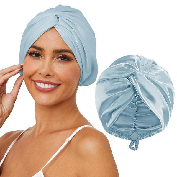 Adjustable Silk Satin Hair Bonnet for Sleeping, Double Layer Hair Wrap Sleep Cap Turban for Women Men, Curly Straight Long Large Braid Unisex (Aqua Blue 81)