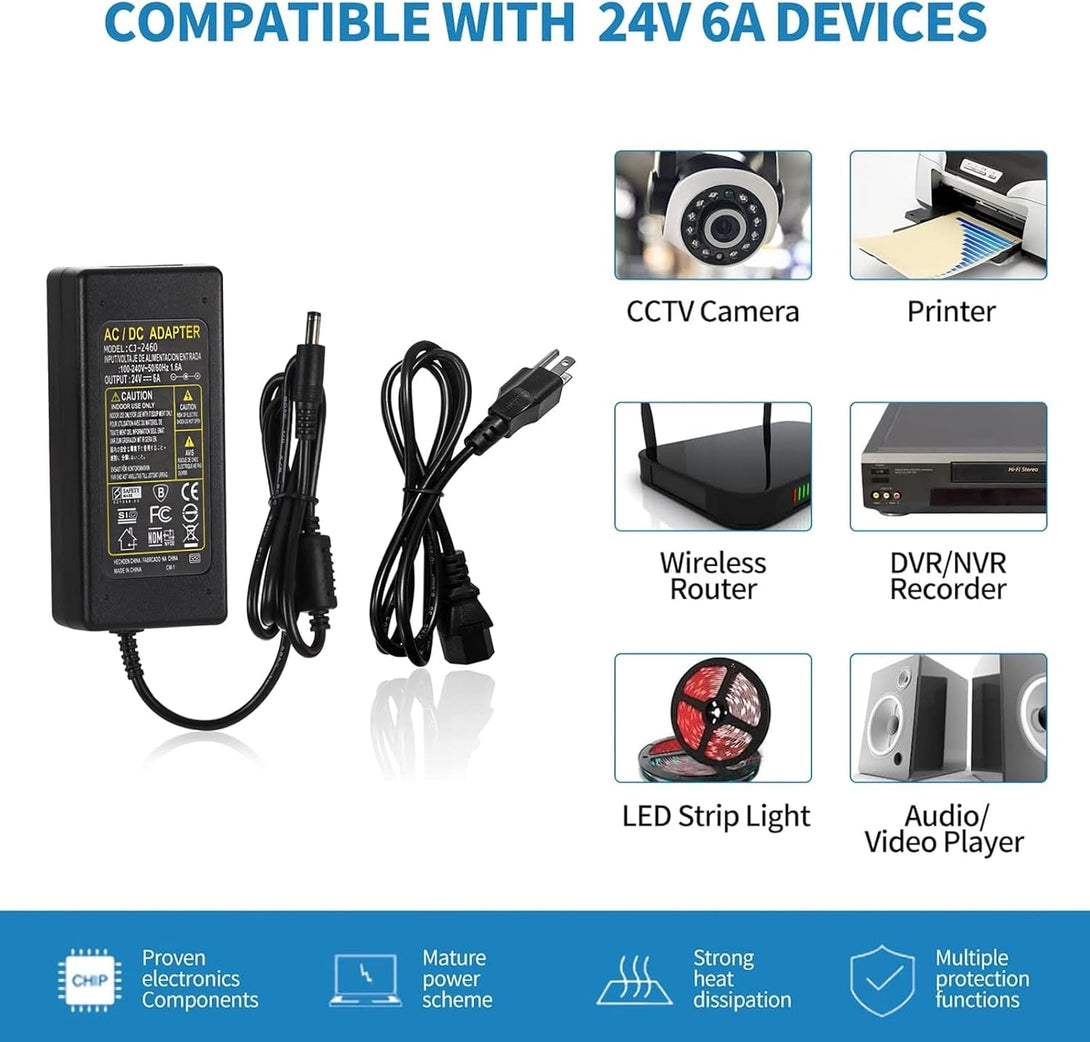 24V DC Power Supply 6A 144W,100-240V AC to DC Adapter with 5.5Mm X 2.5Mm&2.1Mm Output Plug, 24Volt 6Amp Power Supply 5Amp 4Amp 3Amp 2Amp 1Amp Adapter for 24V LED Strip Light, CCTV Cameras, Printer