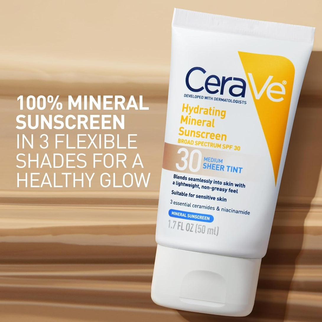 Cerave Hydrating Mineral Sunscreen SPF 30 with Sheer Tint, Tinted Mineral Sunscreen with Zinc Oxide & Titanium Dioxide, Blends Seamlessly for Healthy Glow, Medium, 1.7 Fluid Ounce