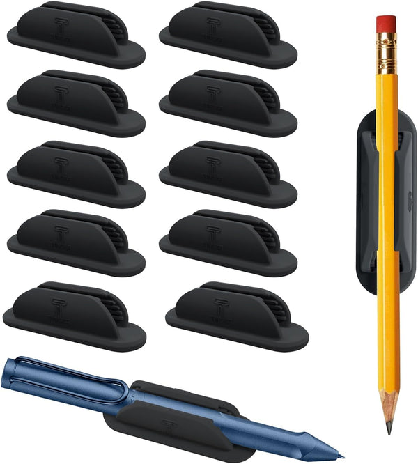 Adhesive Pencil Holders for Desk Set of 10 - Silicone Pen Holder with 15 PCS Upgraded Adhesive Pads - Flexible Pencil Holder for Walls Clipboards, Office Essentials Accessories Teacher Supplies