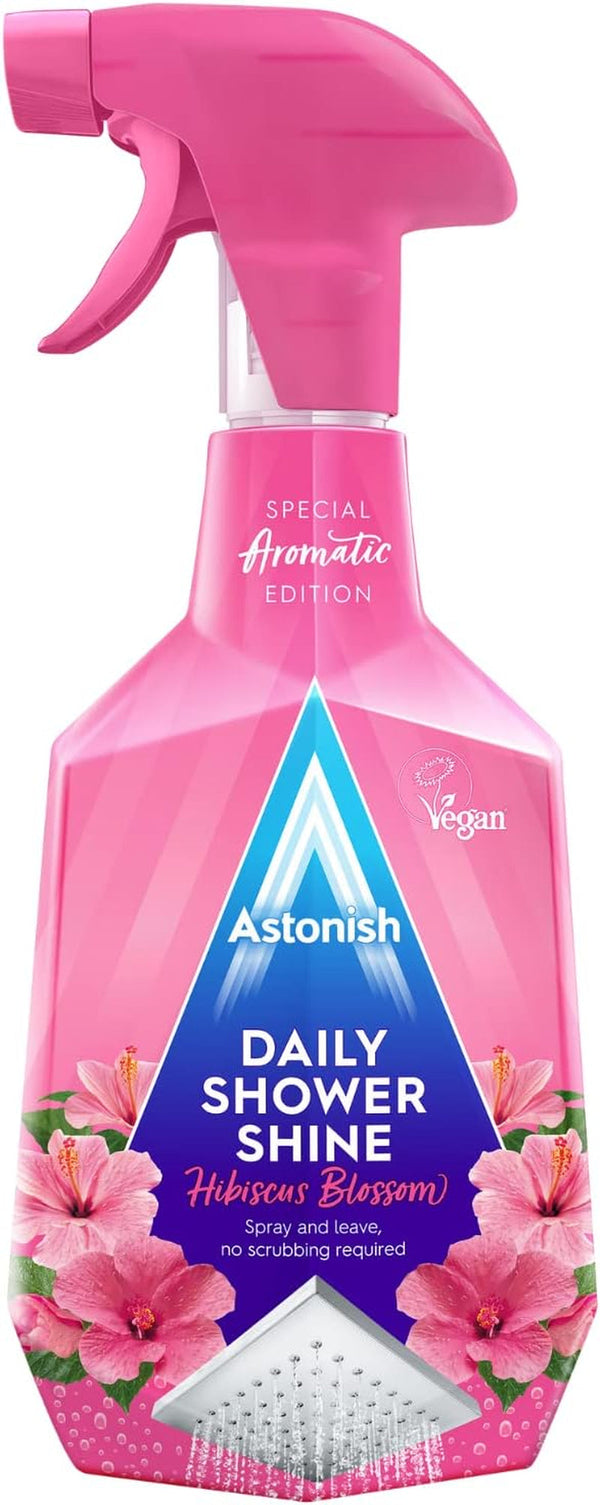 Astonish Daily Bathroom Shower Shine Cleaning Spray - Hibiscus Blossom Limescale Remover Shower Spray Prevents Watermarks from Hard Water - Health & Household Multi Purpose Cleaner 750Ml Spray Bottle