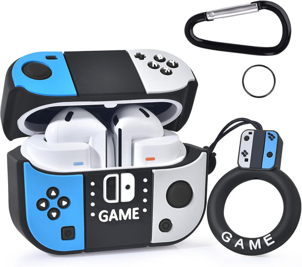 KOREDA Compatible with Samsung Galaxy Buds 3 Case & Galaxy Buds 3 Pro Case, Cute Funny Game Design Cartoon Soft Silicone Protective Cover with Keychain for Teens Boys Men Women (Black/Blue)