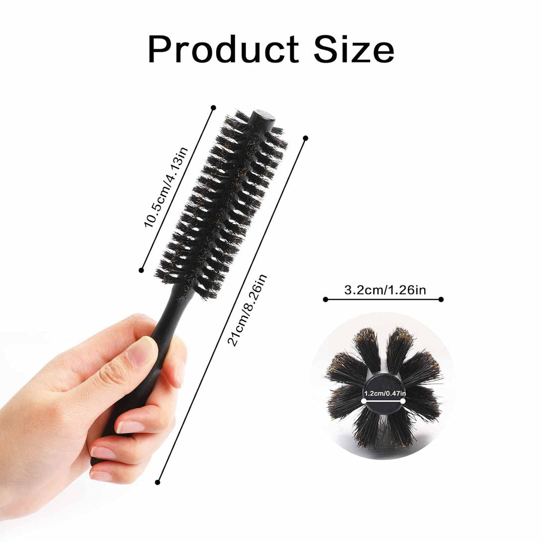 Round Mini Portable Curling & Beard Hair Brush with Natural Wooden Handle - Boar Bristle Blow Drying & Styling Brush for Women and Men