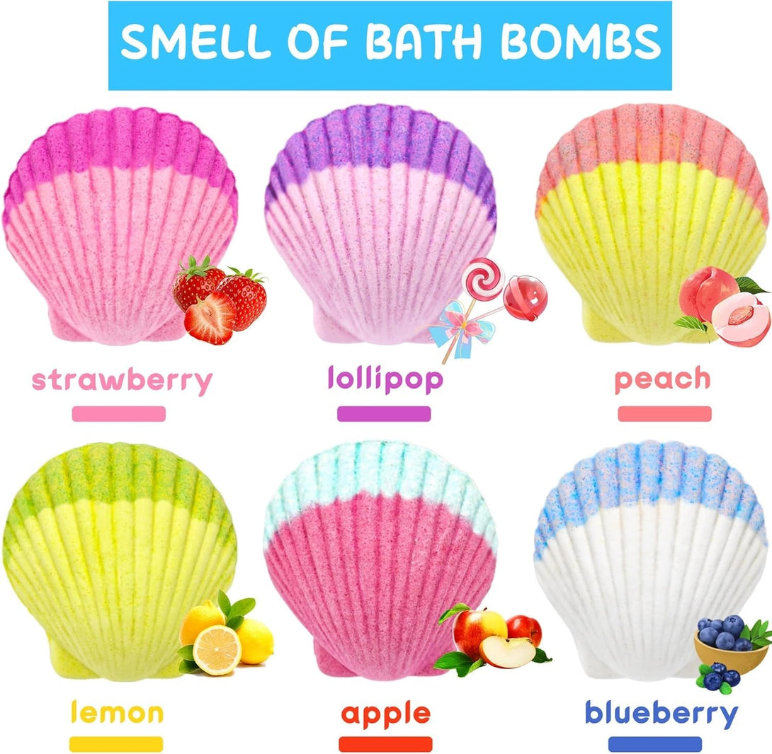 Mermaid Bath Bombs for Kids Girls with Surprise Inside, 6 Pcs Natural Fizzy Princess Fun Shell Bubble Bath Bomb Kit with Jewelry Toys, Christmas Easter Basket Stuffer Valentines Day Birthday Gift Set