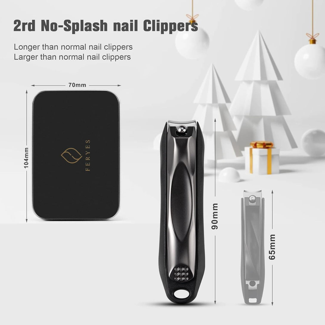 FERYES 3-In-1 Fingernail Clipper with No-Splash Nail Catcher and Metal Storage Box - Toenail Clipper with Nail File for Men & Women - Black