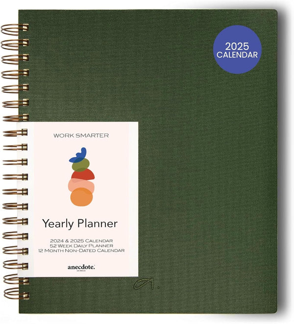 Anecdote 2025 Planner (8.5" X 10") Daily Planner Weekly Monthly Planner - 52 Weeks W/Library Buckram Cover, Brass Spiral - A4 Size Bleed-Resistant Paper – Evergreen