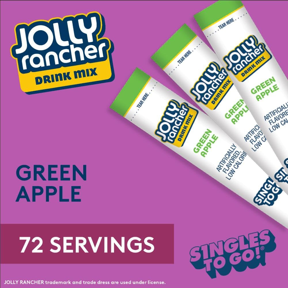 Jolly Rancher Singles to Go Powdered Drink Mix, Green Apple, 72 Total Servings, Sugar-Free Drink Powder, Just Add Water, 0.62 Ounce (Pack of 12)