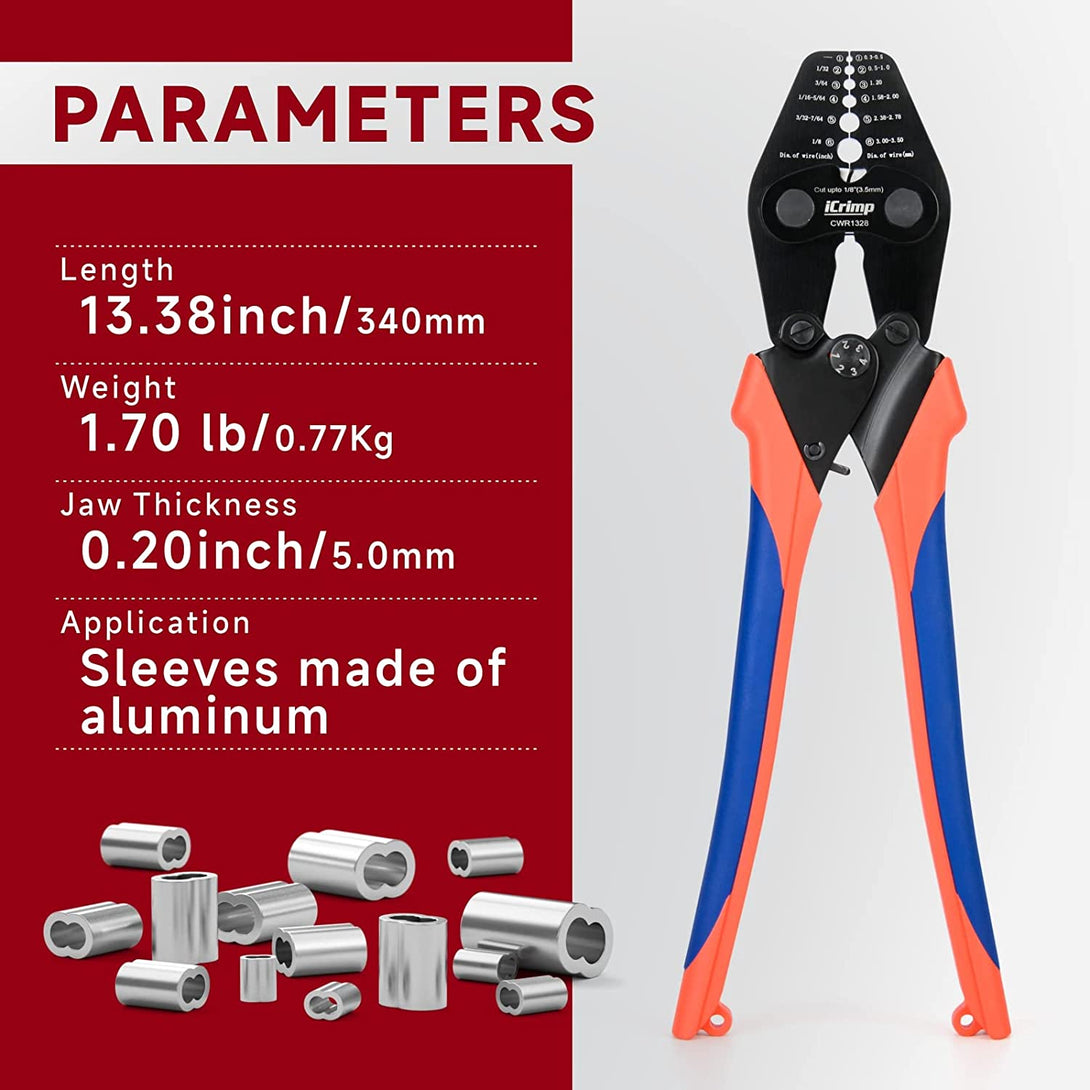 Icrimp Wire Rope Crimping Tool with Built-In Cutter for Cable Railing, Hand Swaging Tool for 1/32~1/8-Inch Aluminum Oval Sleeves,Double Barrel Ferrules
