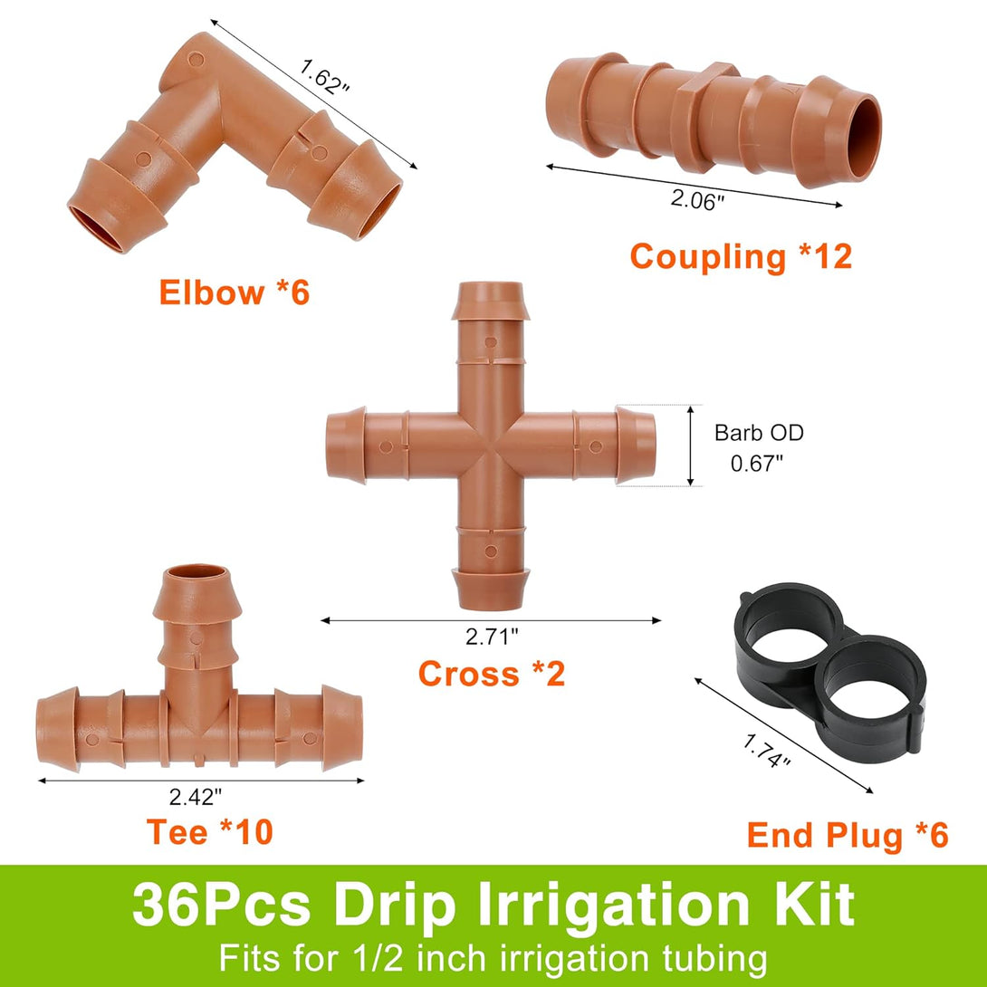 Cozy Tower 36 Pcs Drip Irrigation Kit 1/2 Inch Drip Irrigation Fittings Parts, Irrigation Tubing Fittings Hose Barbed Connectors, Including 2 Crosses 10 Tees 6 Elbows 12 Couplings 6 End Plugs