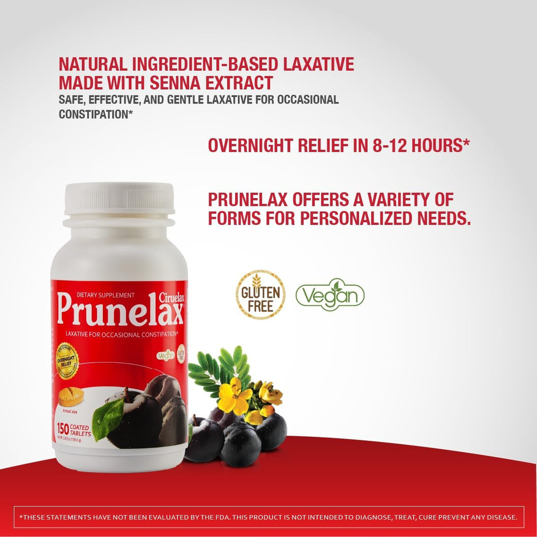 Prunelax Ciruelax Regular Strength Laxative Tablets - Natural-Ingredient Based Laxative for Occasional Constipation, Predictable Overnight Relief with Senna Leaf Extracts, 8-12 Hr Fast-Acting - 150Ct