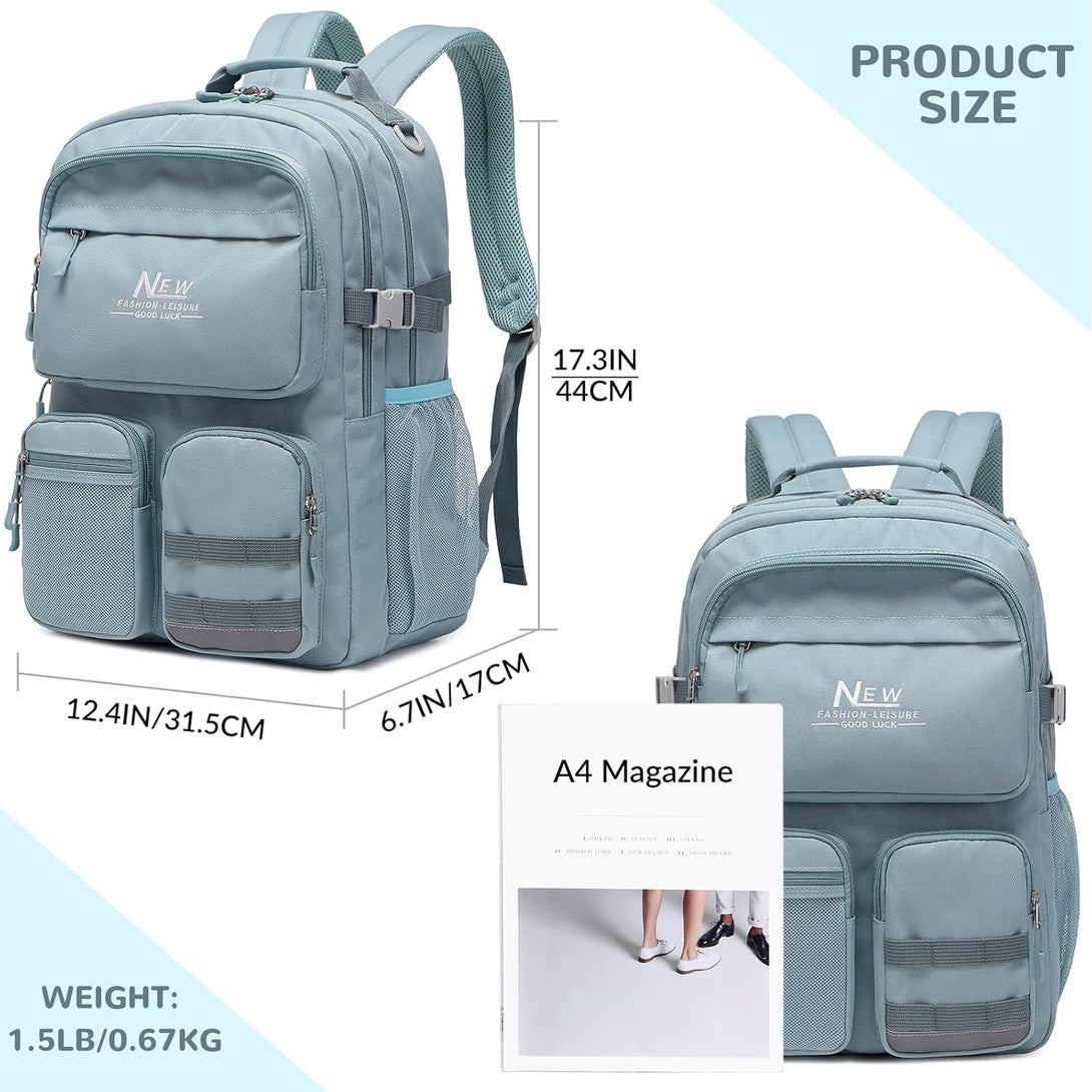 Water Resistant Backpack for Teen Girls Boys Students, Casual Multi Pockets Daypack with 15.6 Inch Laptop Pocket for Travel School College (Grey Blue)