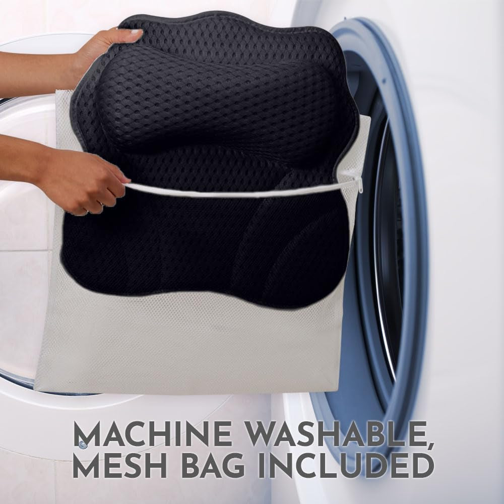 Wonderfoam Thick Padded Ergonomic Bath Pillow for Tub, Bathtub Headrest Neck and Back Support, Strong Suction Cups, Machine Washable Breathable Mesh Quick Dry Pillows, Luxury Spa Accessories, Black