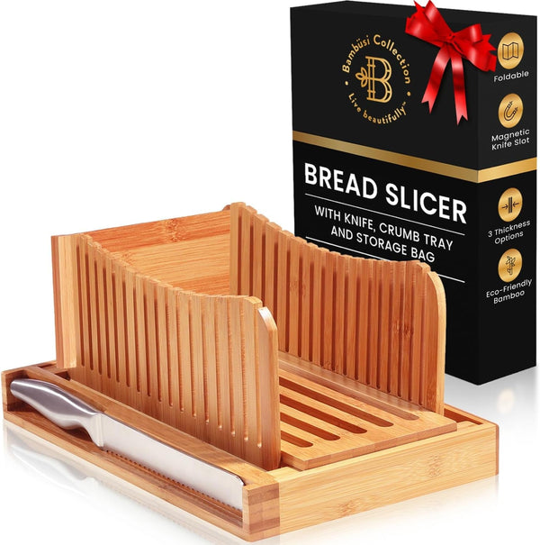 BambÃ¼si Bread Slicer for Homemade Bread - Bamboo Bread Cutter with Knife, Foldable Slicing Guide, Crumb Tray - Compact Bread Loaf Slicer for Cakes, Bagels, Loaves - Kitchen Gadget & Gifts
