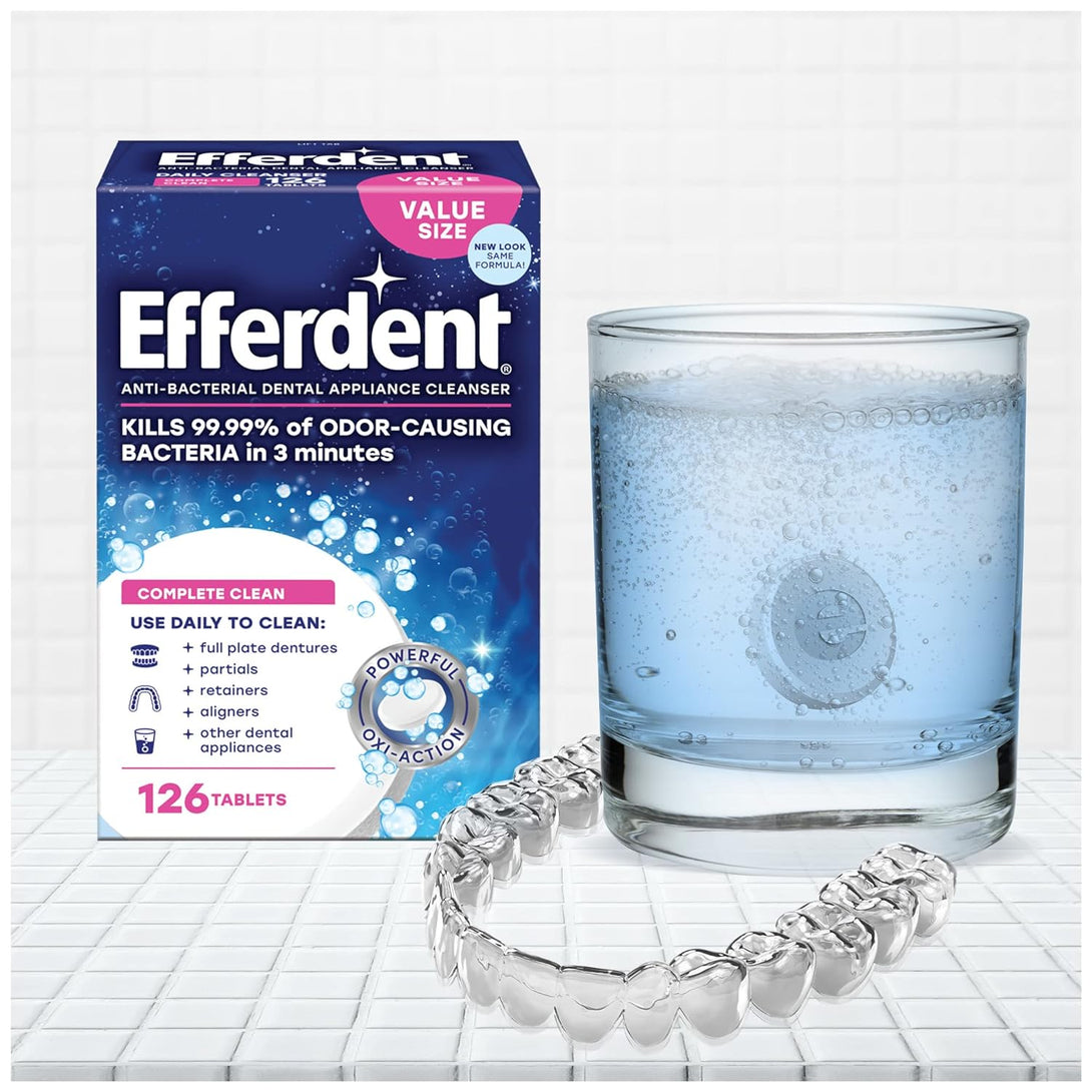 Efferdent Retainer Cleaning Tablets, Denture Cleanser Tablets for Dental Appliances, Complete Clean, 126 Tablets