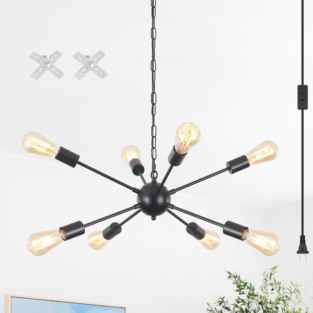 8 Lights Plug in Chandelier Sputnik Ceiling Light Fixture Black Hanging Lights with Plug in Cord 16.4Ft Sputnik Chandeliers for Dining Room Living Room Bedroom Foyer