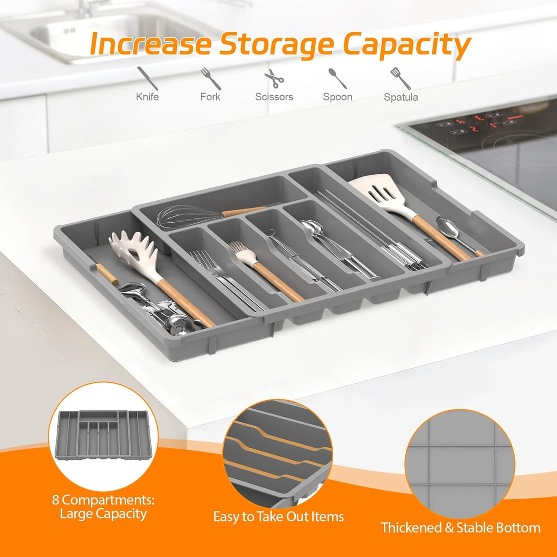 Idavosic.Ly Silverware Drawer Organizer, Expandable Utensil Tray for Kitchen Drawers, Adjustable Plastic Cutlery Flatware Holder for Knife Fork Spoon with 8-10 Compartments (Large, Gray)