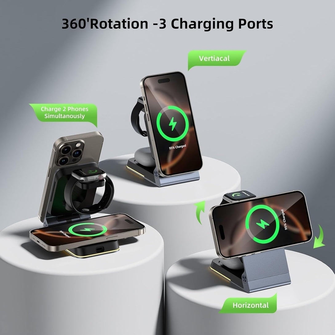 Aluminum 3 in 1 Wireless Charging Station,Foldable Wireless Charger for Apple Magsafe with Light,Portable Travel Magnetic Charger Stand for Iphone 16/15/14,Watch,Airpod, Include PD 20W Adapter & Case