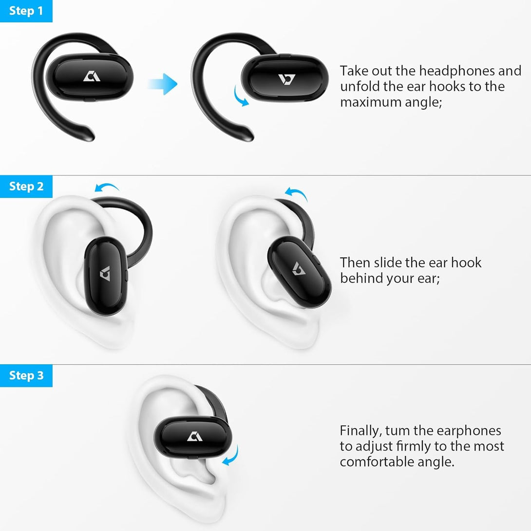 1Mii Open Ear Headphones, Wireless Sports Earbuds 60 Hours Long Playtime with Charging Case, Snug Fit Bluetooth Earbuds with Rotatable Ear Hooks, ENC Clear Calls Premium Sound IPX4 Waterproof （Black）