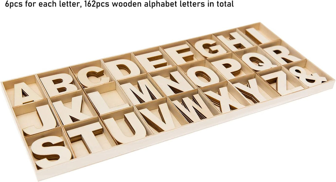 162 Pieces 2 Inch Wooden Letters with Storage Tray, 2 in Wood Alphabet Letters for Crafts, Small 2" Unfinished Wooden Craft Letters for Wall Decor, DIY, Learning Abcs, 6Pcs for Each Wood Letter