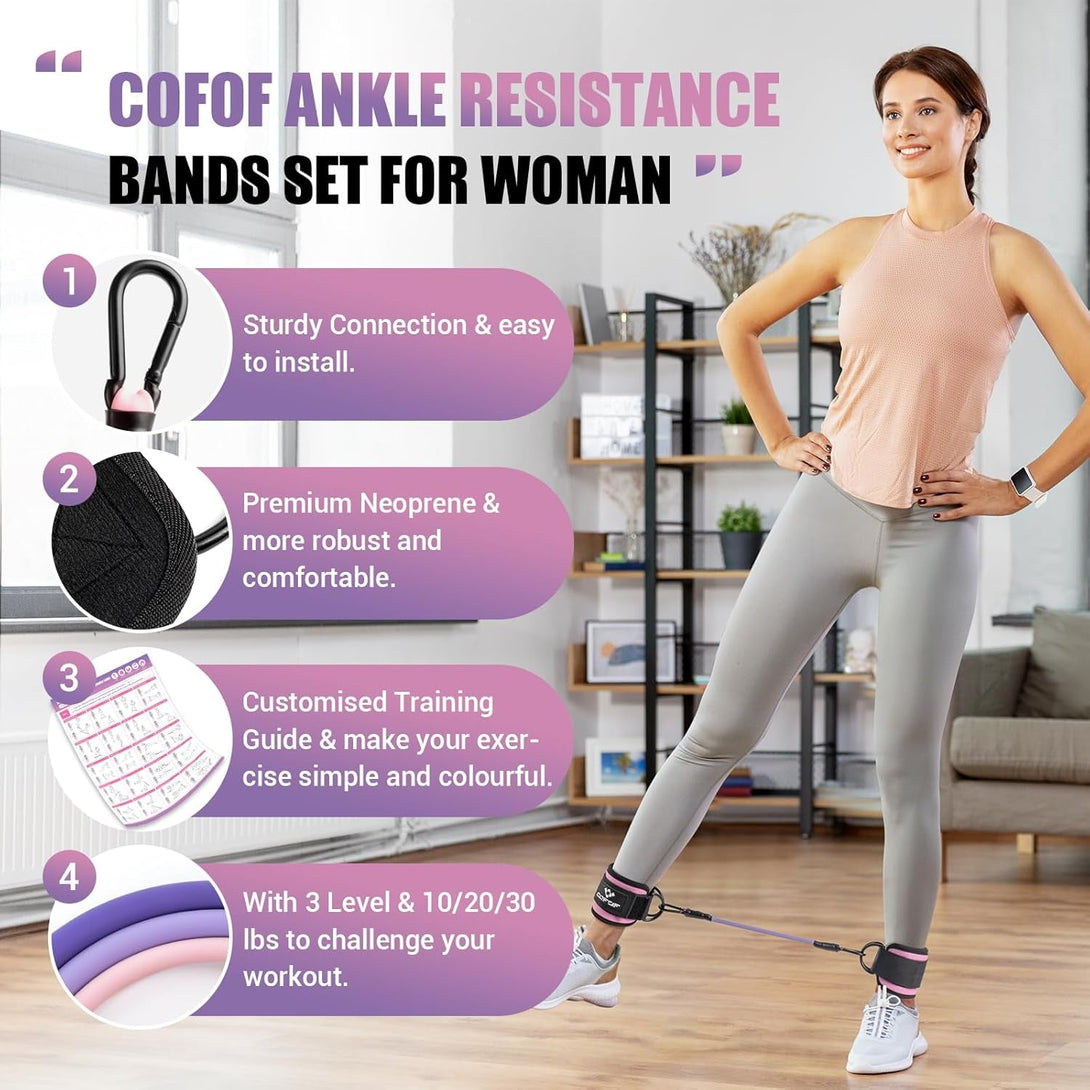 Ankle Resistance Bands with Cuffs for Working Out, Kickbacks, Hip, Leg and Glute Exercise - Training Poster Included - for Women
