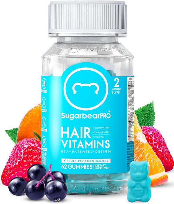 Sugarbear Hair Vitamin Gummy 2 Month Supply Extra Strength Biotin 6000Mcg, Growth for Men & Women, Vegan Vitamin B12, MSM, Inositol, Omega 3, Elderberry, Certified Kosher, Halal, Cruelty-Free