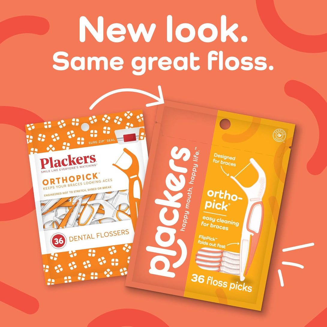 Plackers Orthopick Floss Picks, Unflavored, Designed for Braces, Fold-Out Flippick, Tuffloss, Easy Storage with Sure-Zip Seal, 36 Count (4 Pack)