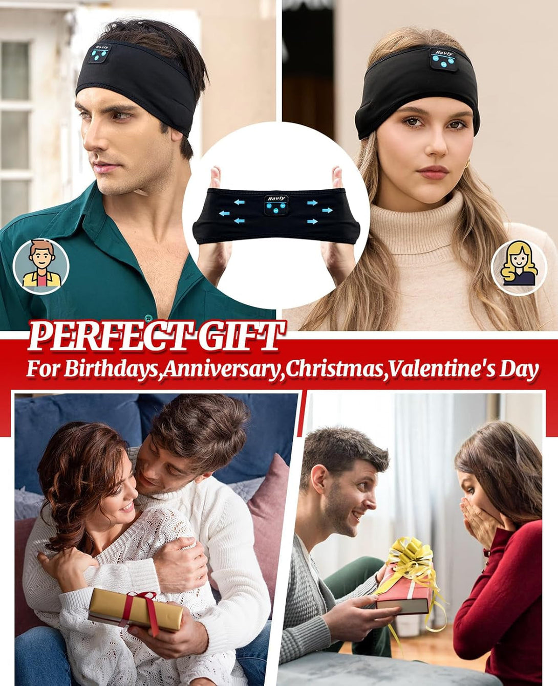 Navly Sleep Headphones, 10Hrs Sports Headband with Soft Cozy Earbuds Comfortable, Headphones Headband with Ultra-Thin HD Stereo Speakers Perfect for Workout,Running,Yoga,Travel