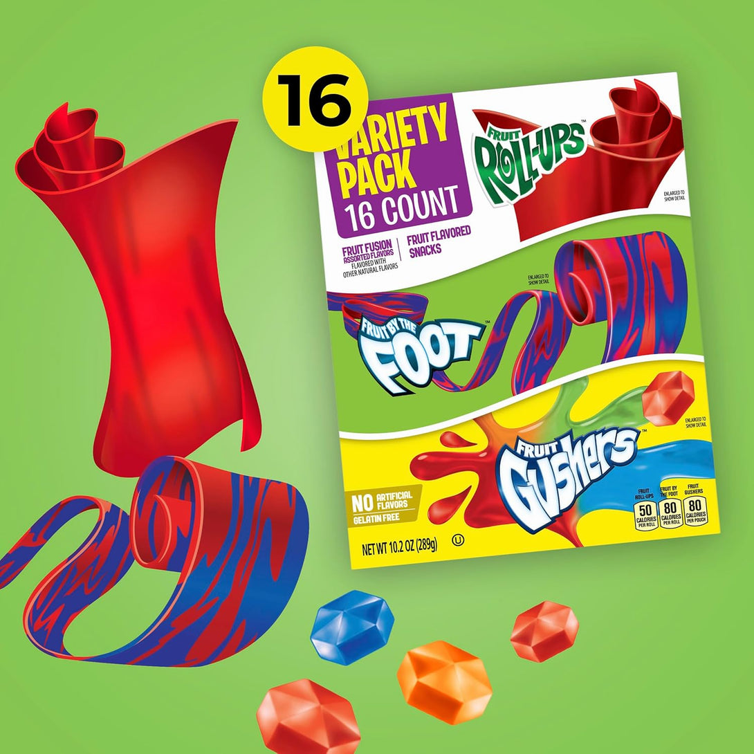 Fruit Roll-Ups, Fruit by the Foot, Gushers, Fruit Flavored Snacks Variety Pack, Gluten Free, Stocking Stuffer, 16 Ct, 10.2 Oz