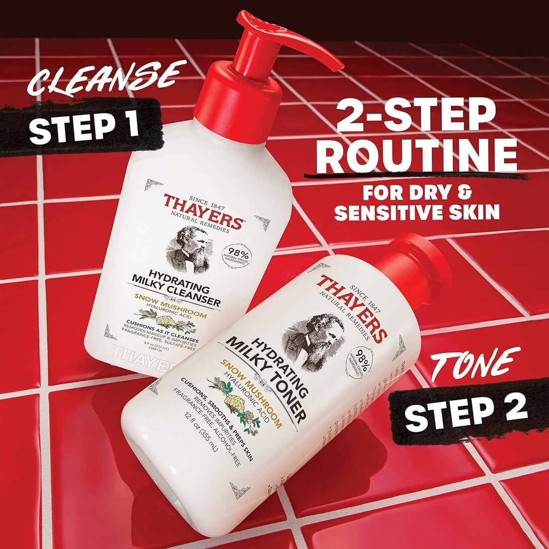 Thayers Milky Face Cleanser with Snow Mushroom, Hyaluronic Acid - Gentle, Hydrating, Dermatologist Recommended for Dry, Sensitive Skin - Paraben Free, 8 Oz