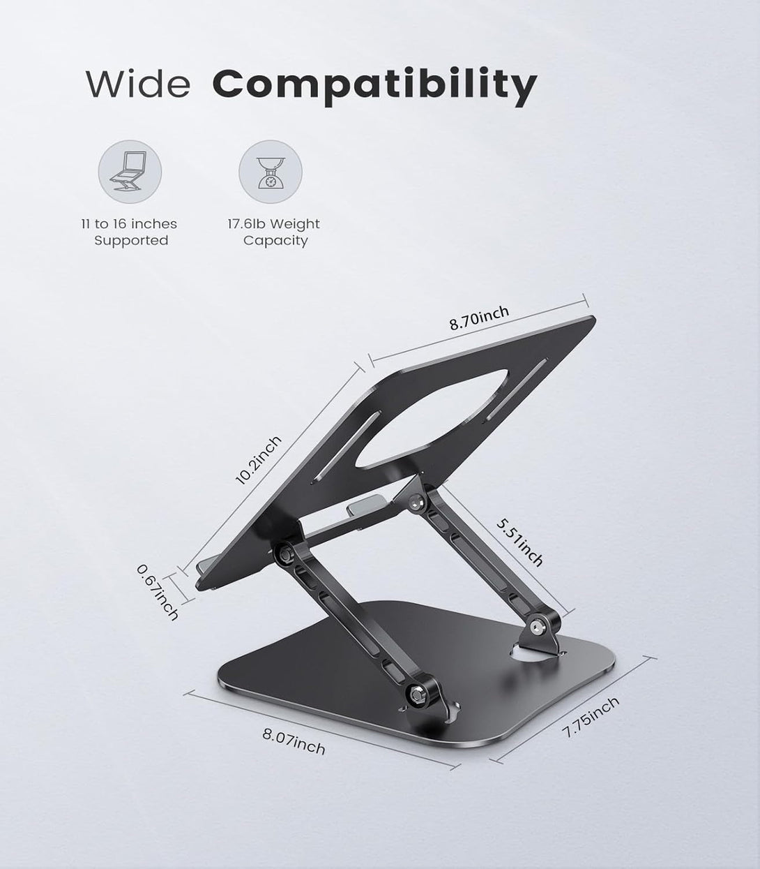 Adjustable Laptop Stand for Desk, Aluminum Portable Laptop Stand, Lightweight 500G, Foldable Ergonomic Computer Notebook Stand Holder for 11-16" Macbook Air Pro, Dell XPS,HP Computer Notebook, Black