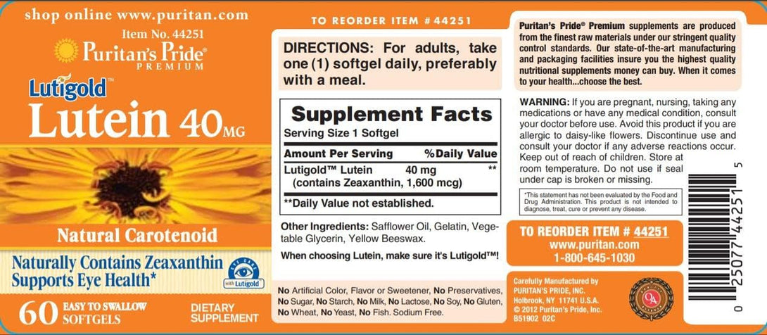 Puritan'S Pride Premium Lutigold™ Lutein Carotenoid 40 Mg with Zeaxanthin for Men and Women, Dietary Supplement for Eye Health Support, 2 Month Supply, 60 Easy-To-Swallow Softgels