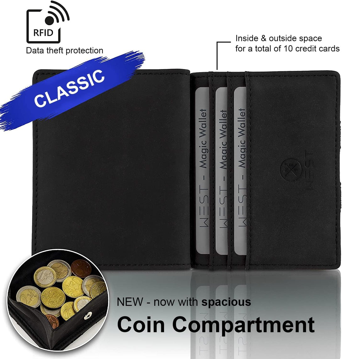 West - RFID Wallet with Coin Pouch + Gift Packaging - Compact & Small Magic Money Wallet - Extra Strong Money Bands