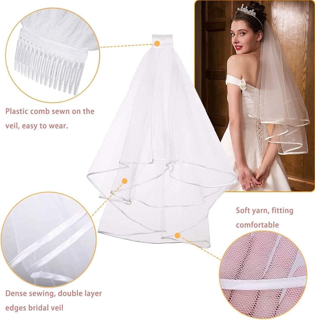 Lecone Bridal Shower Decoration, 5 Pieces Bride to Be Sash and Veil Bride Headband Tiara Garter Bridal Shower Decor Wedding Veil Set Bachelorette Party Accessories, Large, White