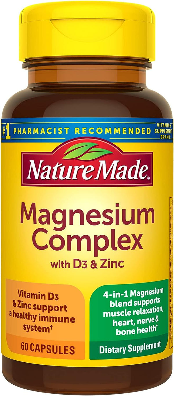 Nature Made Magnesium Complex with Vitamin D and Zinc Supplements, Magnesium Supplement for Muscle, Nerve, Heart & Bone Support with Vitamin D3 & Zinc for Immune Support, 60 Capsules, 30 Day Supply