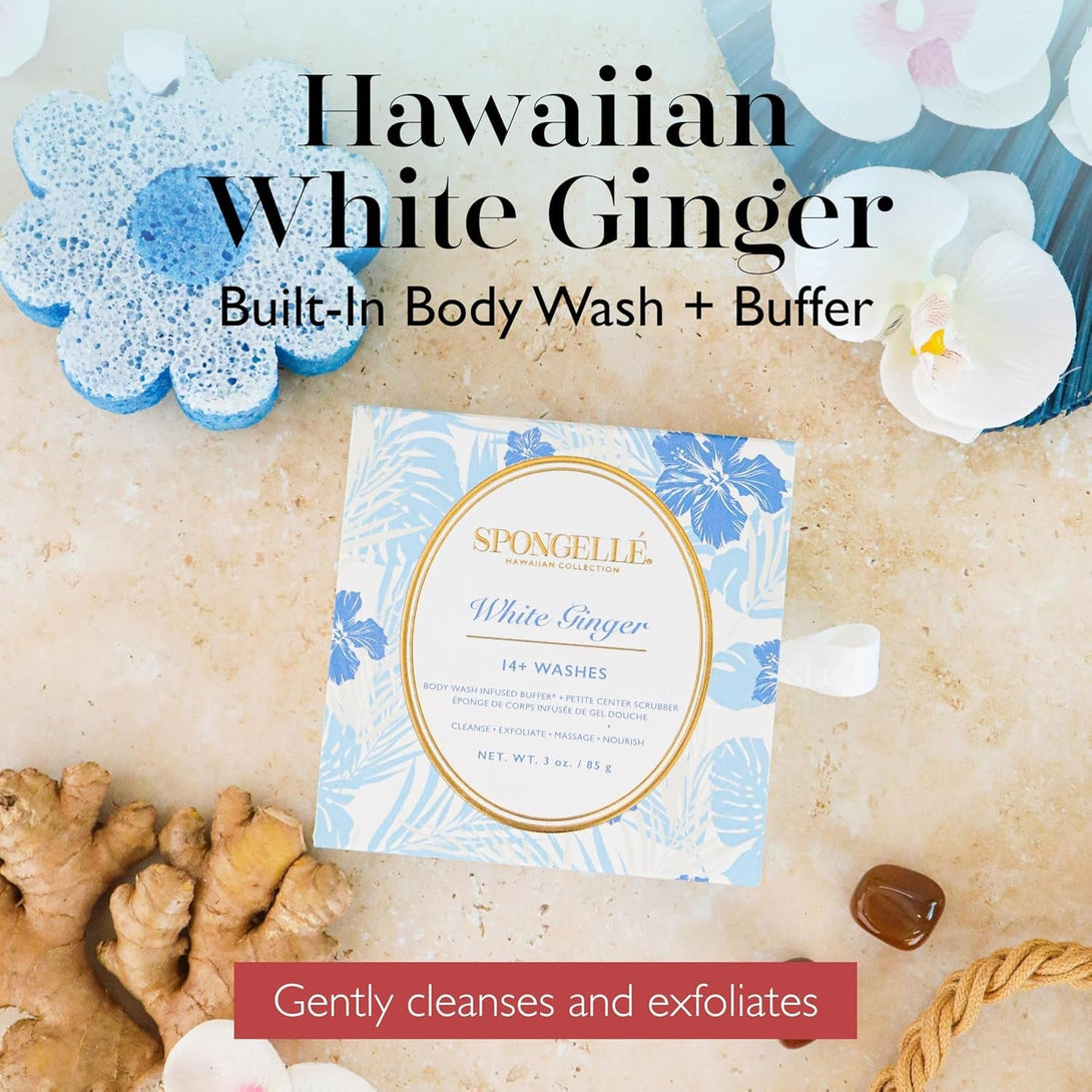 Spongellé White Ginger Hawaiian Buffer | Body Wash Infused Sponge with Awapuhi & Kukui Nut Oil | Exfoliates & Hydrates | 14+ Uses