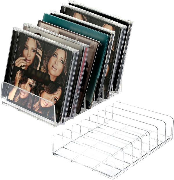 Hipiwe Clear CD Holder - 7 Slot CD Storage Box CD DVD Display Rack Tray Holds up to 14 Standard CD Cases, Tabletop Plastic File Divider for Paper Mail Bill Eyeshadow Palette Organizer, 2-Pack