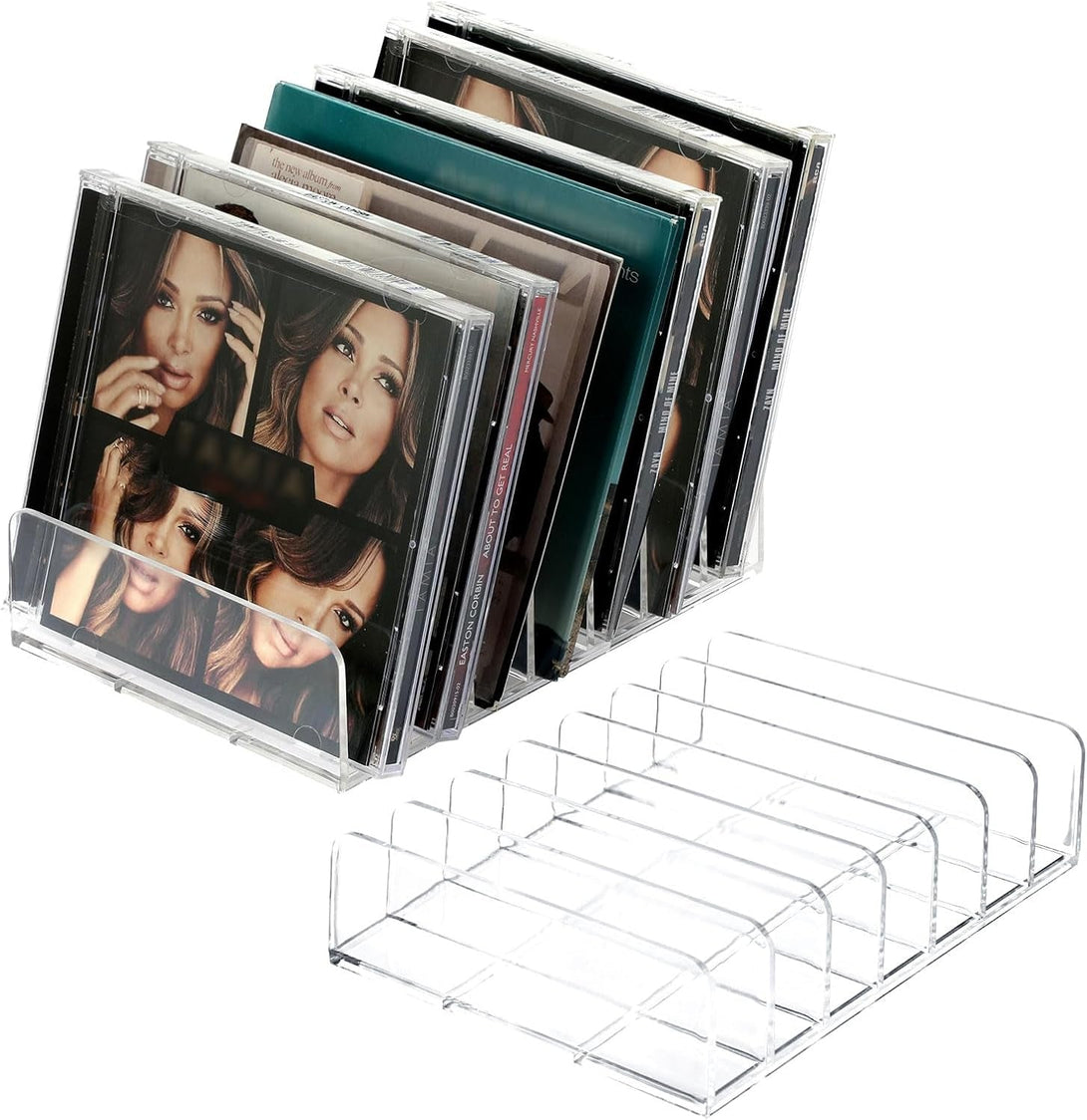 Hipiwe Clear CD Holder - 7 Slot CD Storage Box CD DVD Display Rack Tray Holds up to 14 Standard CD Cases, Tabletop Plastic File Divider for Paper Mail Bill Eyeshadow Palette Organizer, 2-Pack