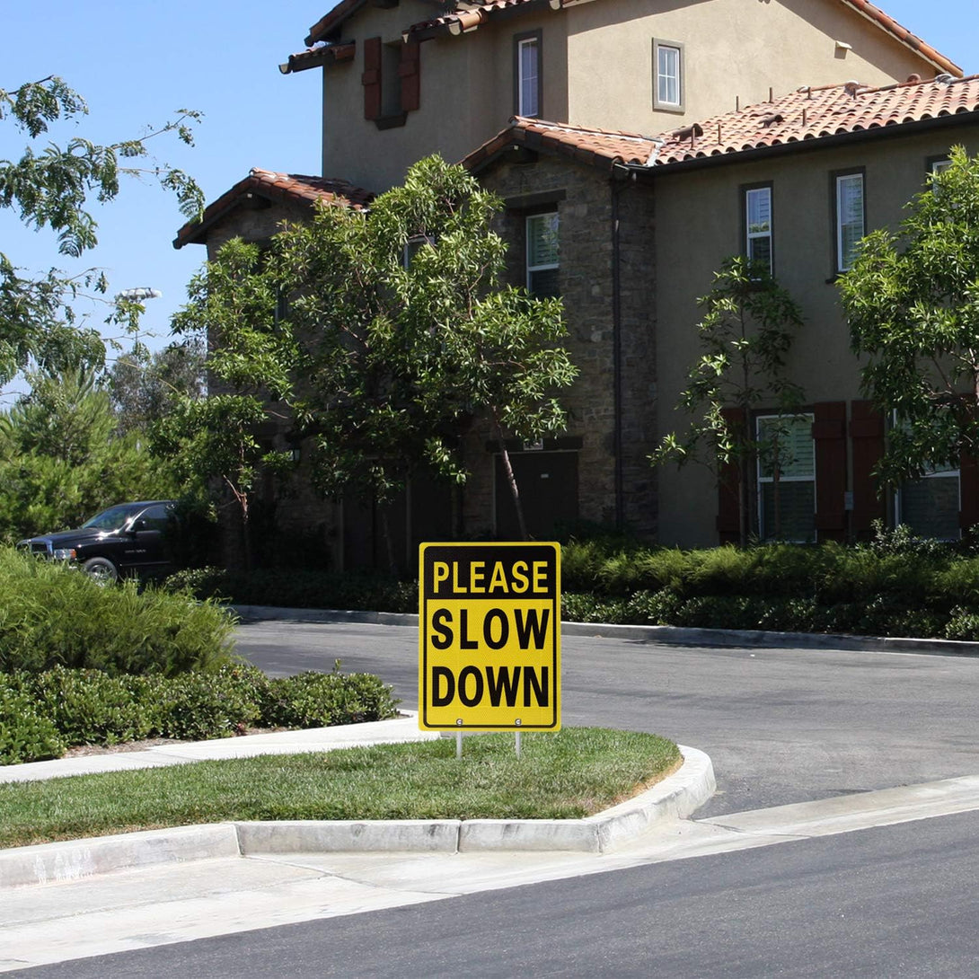 Kichwit Double Sided Aluminum Please Slow down Sign Reflective Metal Sign with Stakes, Sign Measures 11.8" X 15.8", 14" Long Metal Stakes Included