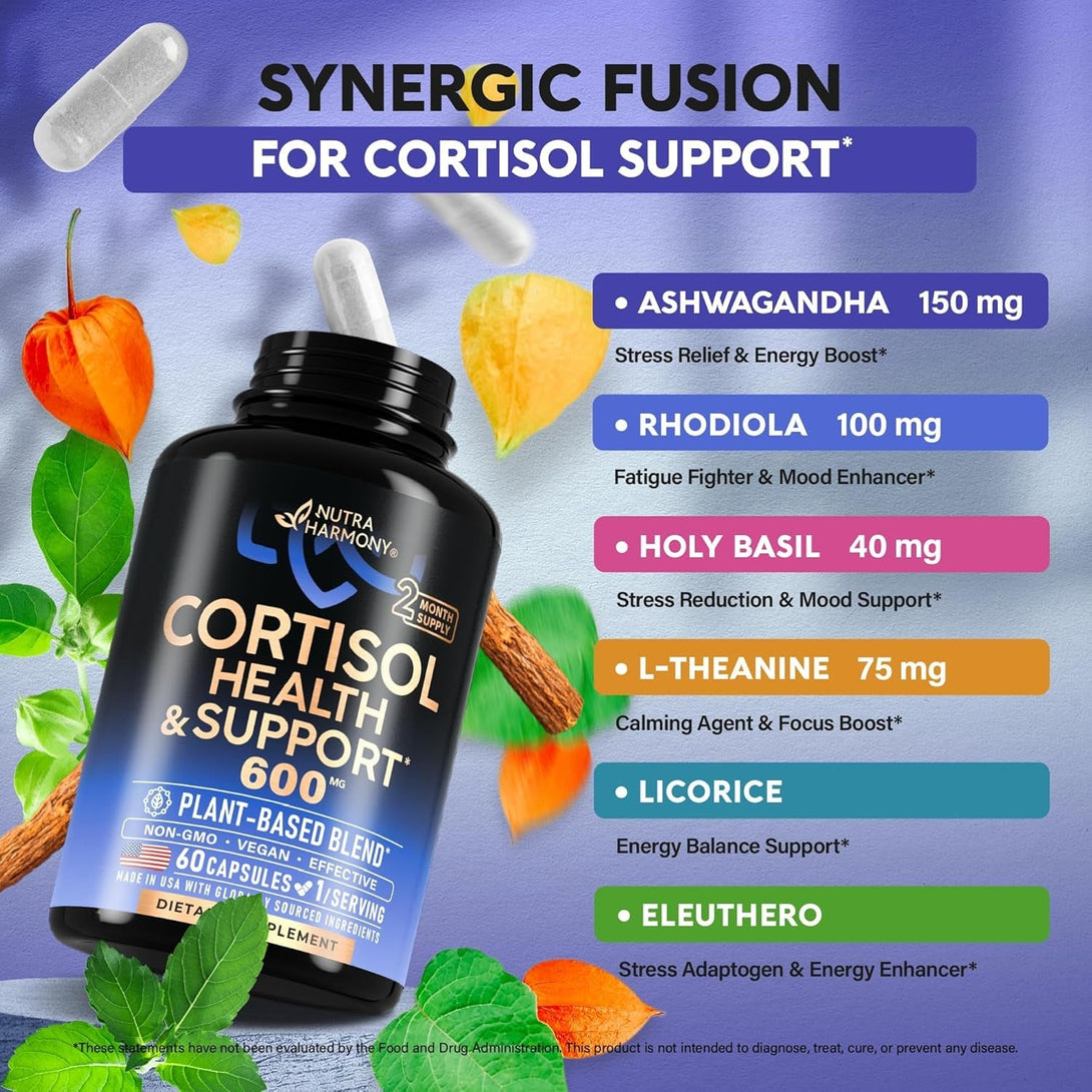 Cortisol Supplement for Women - Holy Basil | Ashwagandha | Rhodiola | L-Theanine - Plant-Based Hormone Balance - Mood, Focus & Sleep Support - Made in USA - Vegan, Non-Gmo - 60 Capsules for 2 Months
