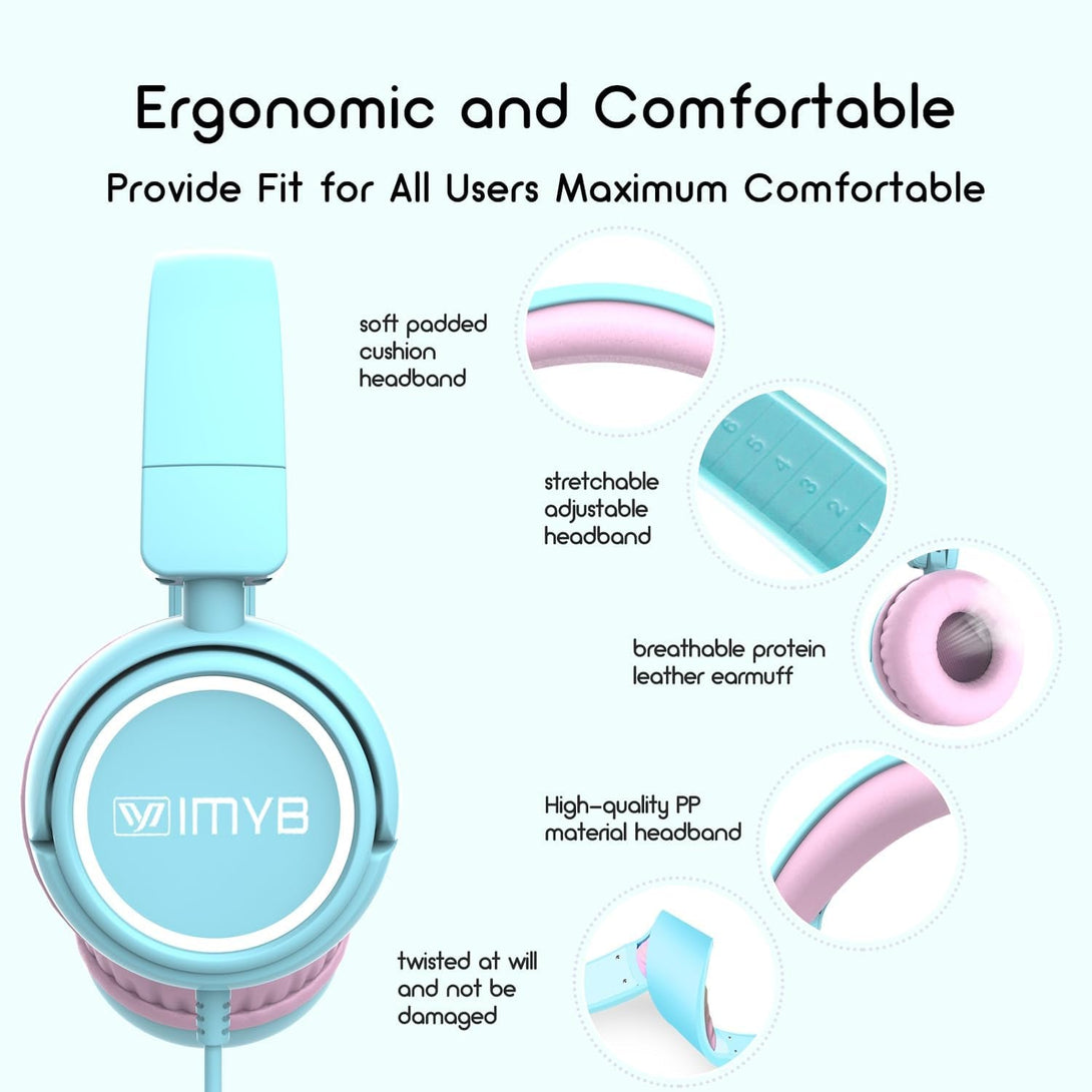 V1 Kids Headphones, Wired Stereo Foldable Tangle-Free 3.5Mm Adjustable On-Ear Headphones for Kids for School/Toddlers/Childrens/Teens/Boys/Girls/Ipad/Tablet/Kindle/Phones/Travel/Plane (Cyan)