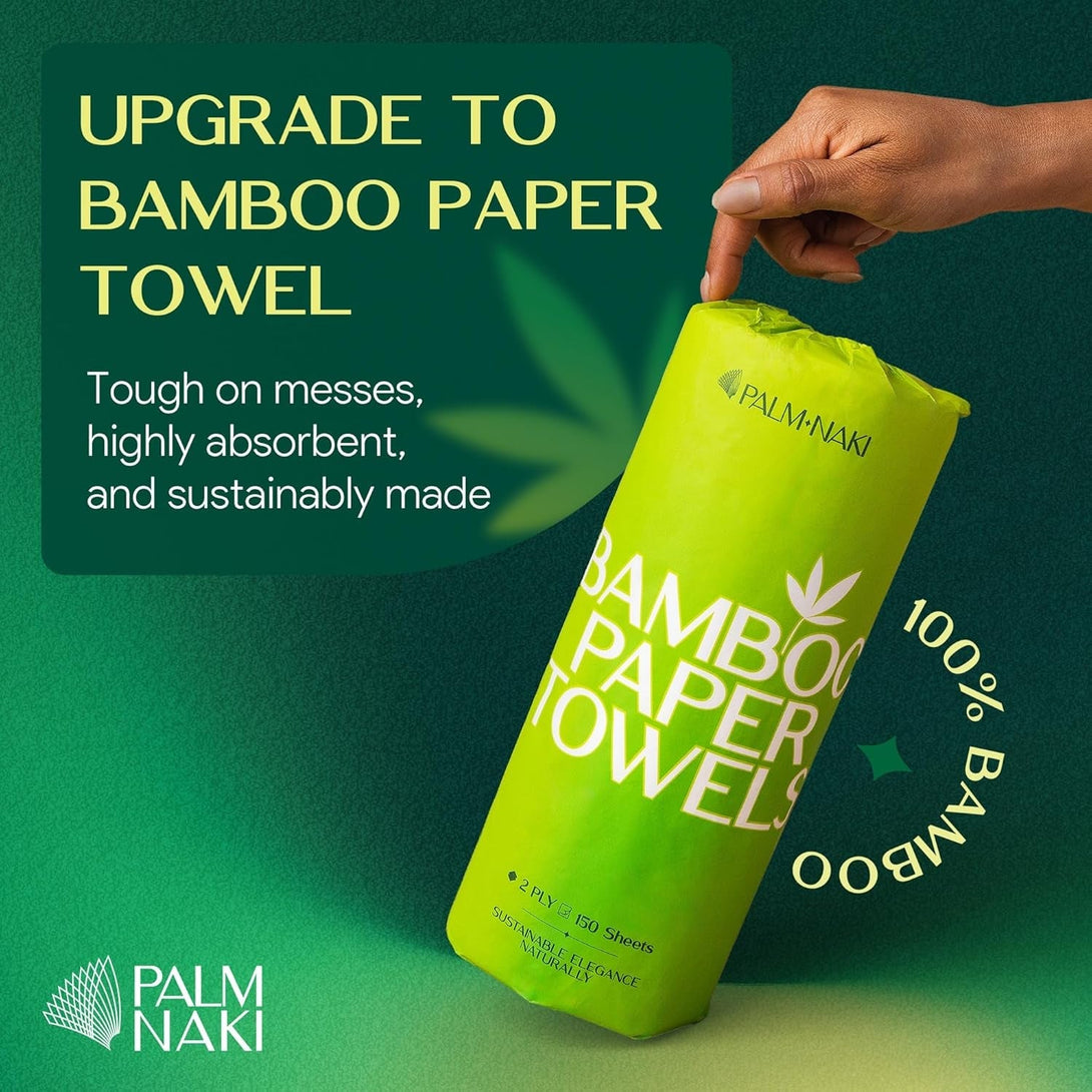 100% Bamboo Paper Towels | Lint-Free Polishing & Cleaning | 2-Ply, 150 Sheets/Roll – 12 Rolls | Tree-Free, Bpa/Pfas-Free, FSC Certified, Compostable | PALM NAKI
