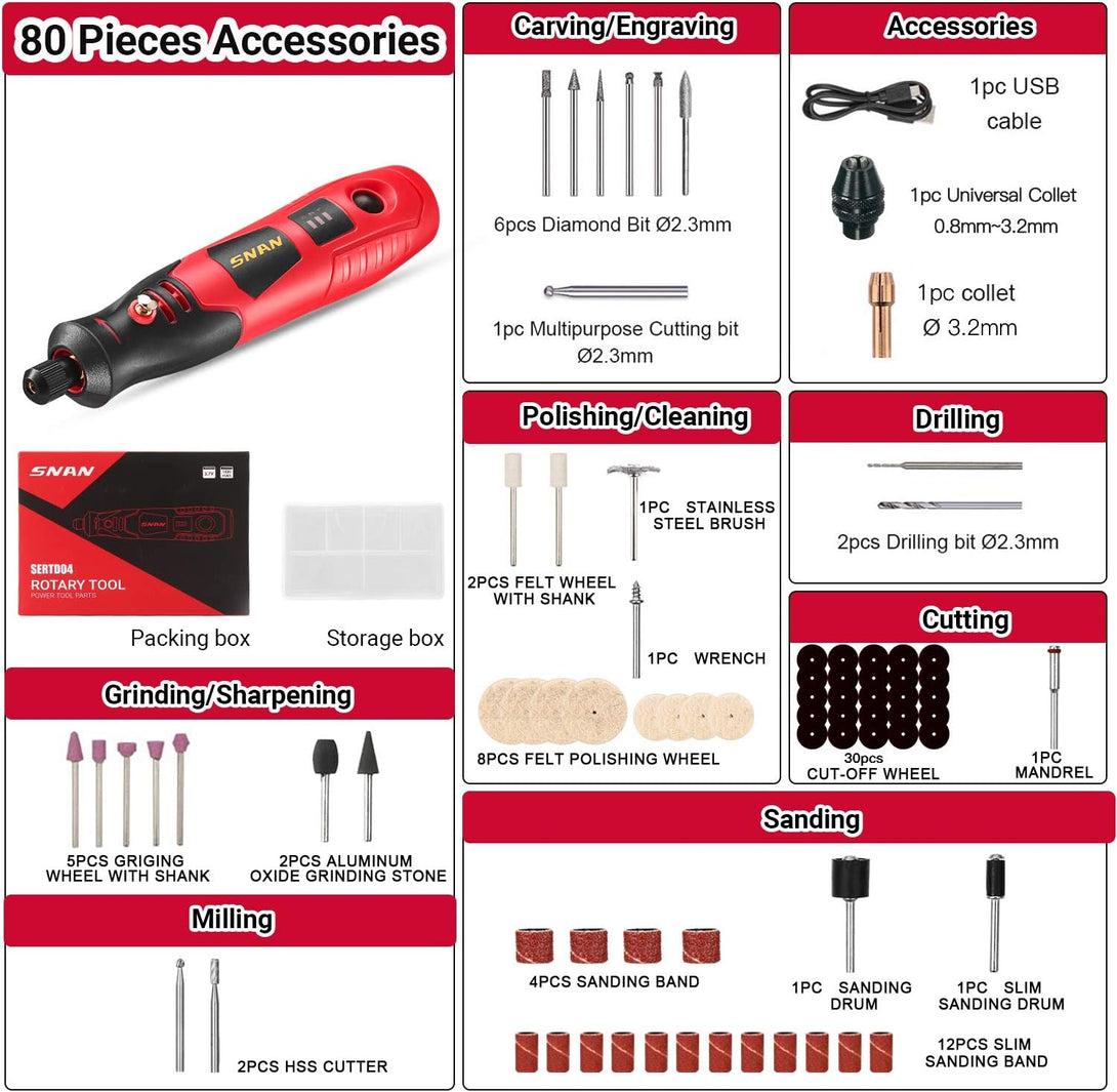 SNAN Cordless Rotary Tool Kit,1500Mah with 80 Accessories 3.7V Li-Ion,Mini Portable Rotary Tool, USB Charging, for Delicate & Light DIY Small Projects