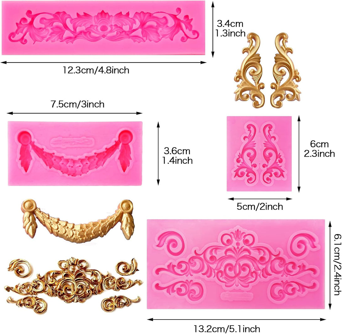 7Pcs Baroque Style Curlicues Scroll Lace Silicone Fondant Molds, Relief Flower Mould Filigree Mold 3D Sculpted for Candy Gummy Decoration Cupcake Topper Jewelry Polymer Clay Crafting Projects